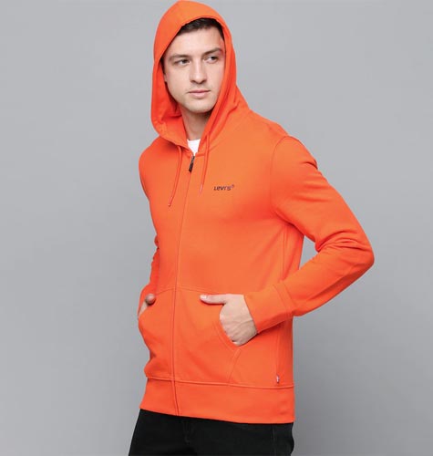 Men Orange Solid Hooded Sweatshirt